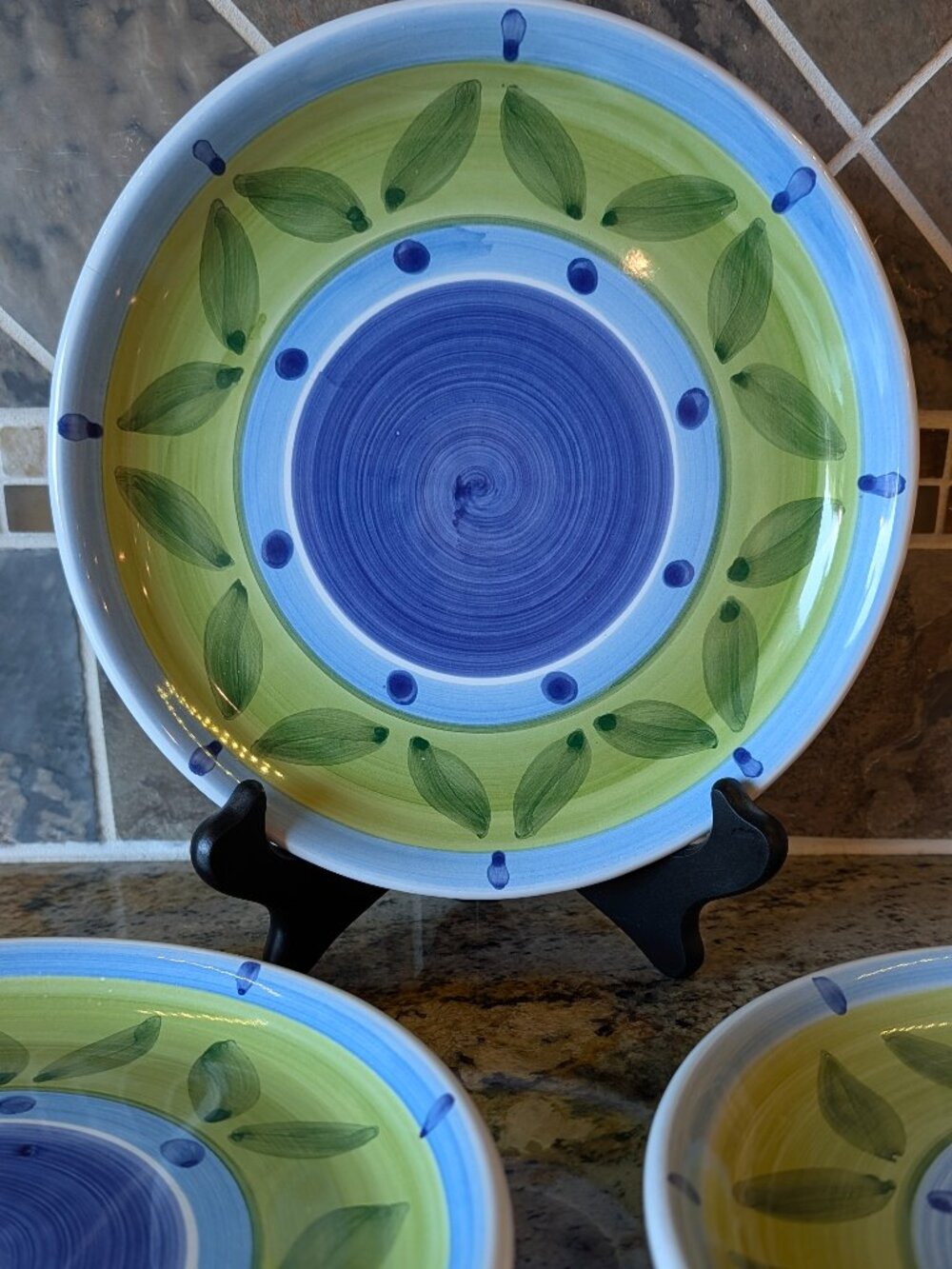 Set of 3 Caleca Italy Hand Painted Blue & Green Leaf Salad Plates